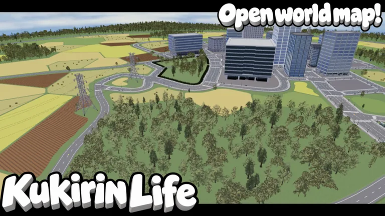 Aerial view of the Kukirin Life open-world map with farmland, forests, roads and city buildings