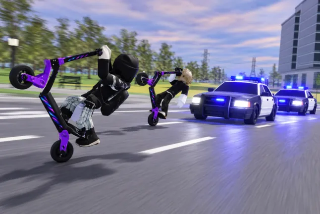 Two Kukirin Life riders on e-scooters pulling wheelies while police cars chase them